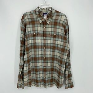 Patagonia 2XL XXL Men’s Flannel Button Down Shirt Brown Blue Thin Organic Cotton